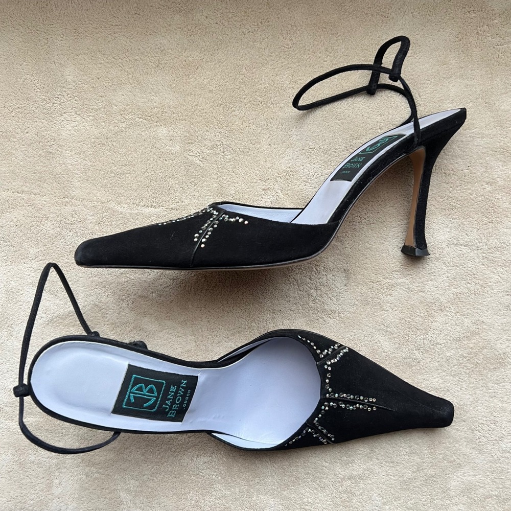 Jane Brown London Black Nubuck Rhinestone Ankle Strap Heels Stiletto 7.5 EU38